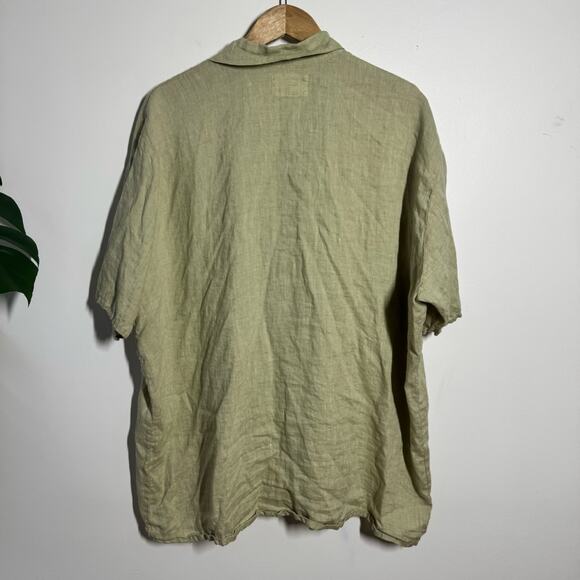 Flax Linen Lagenlook Button Up Top Women L Green Coastal Minimal Casual Vacation - Picture 2 of 8